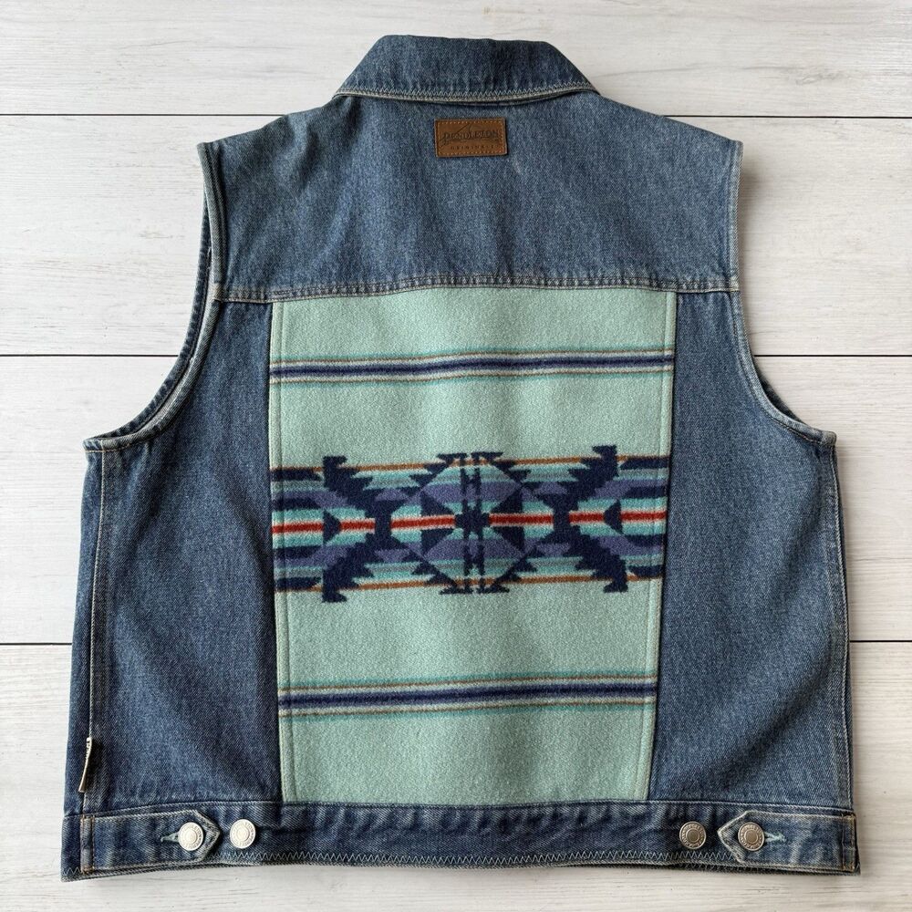 Vintage Pendleton Originals Mens Large Blue Denim Vest Aztec Wool Back Panel